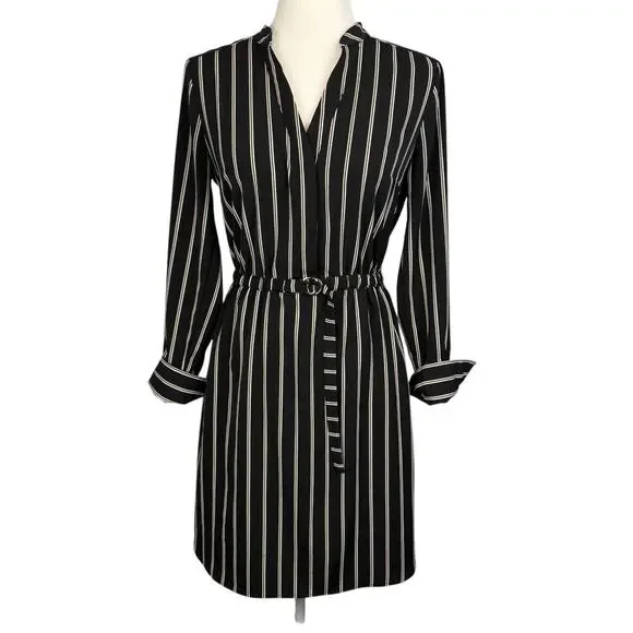 Black Striped Shirt Dress Knee Length Size 4 Young Professional Office Career - Picture 1 of 12